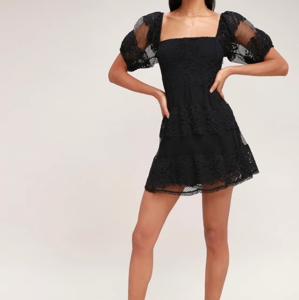 Black lace dress with puff lace sleeves